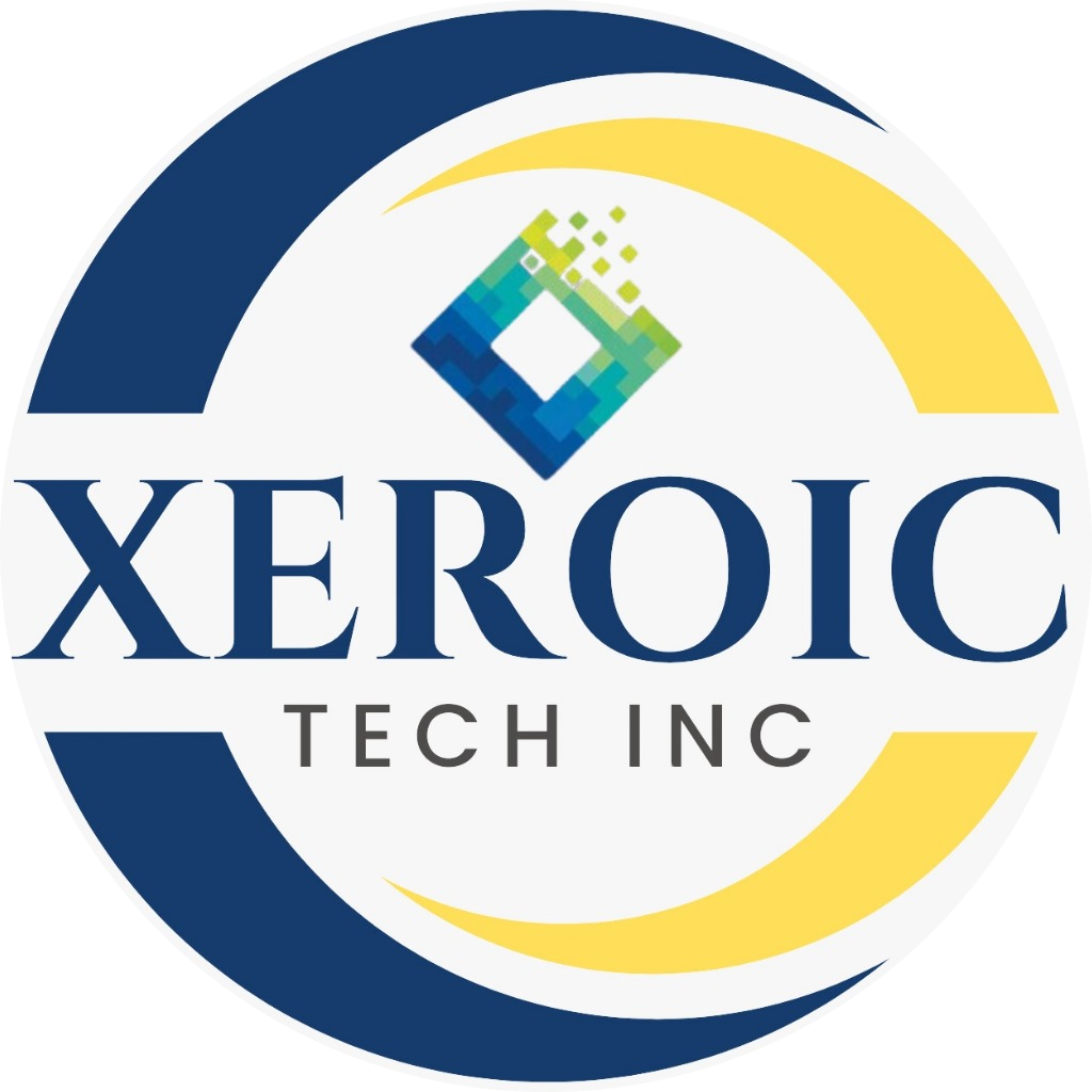 Xeroic Tech logo, circle with blue gradient background and stylized text Xeroic Tech Inc in white and gold